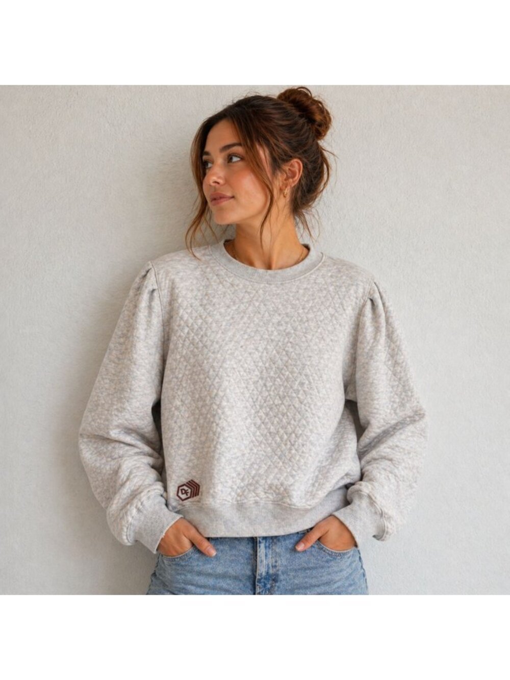 Marine Layer Quilted Crewneck Sweatshirt Women’s XL Oat Heather Puff Sleeve Cozy